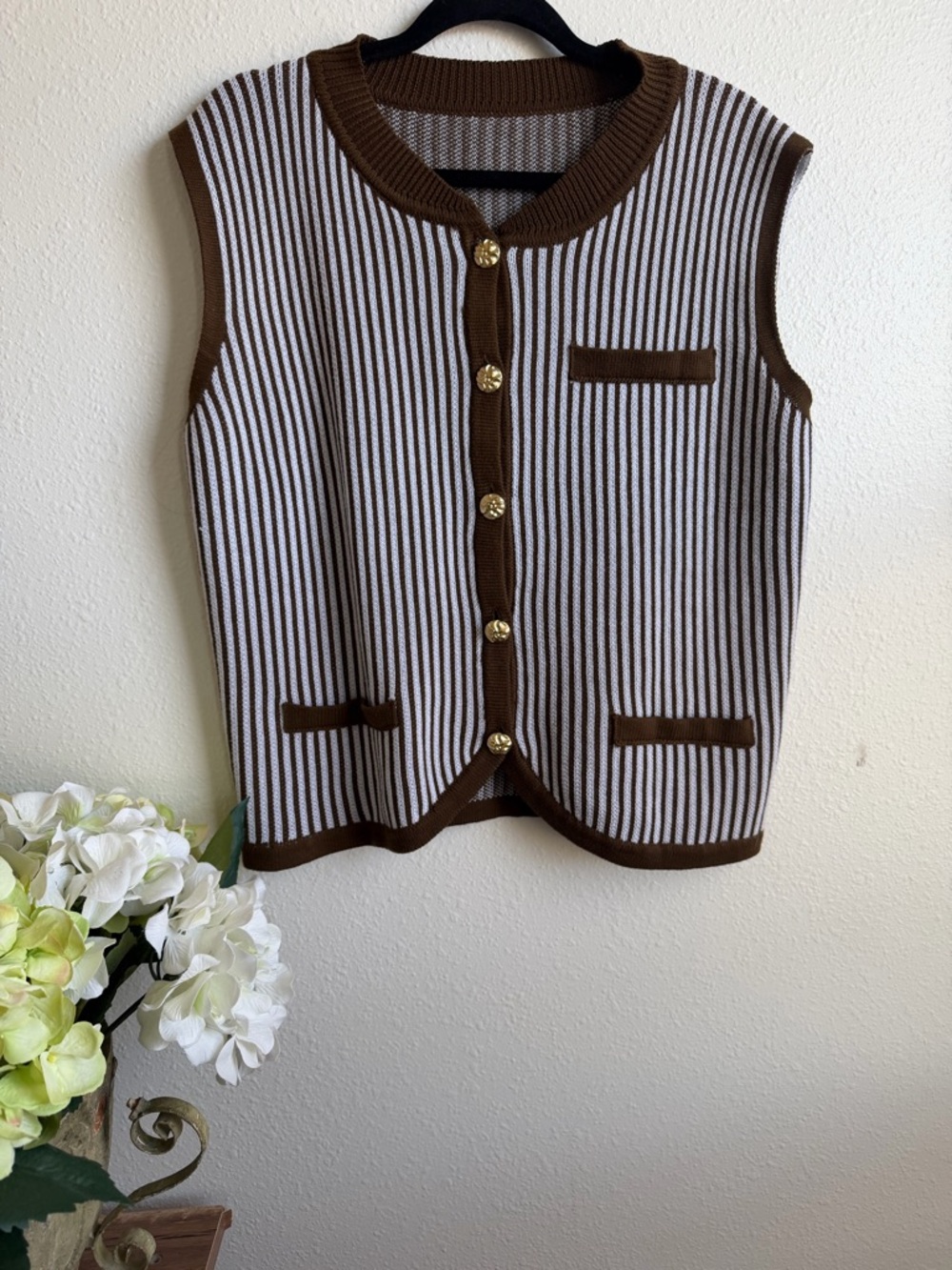 Striped Brown and Cream Knit Button-Front Tank Vest